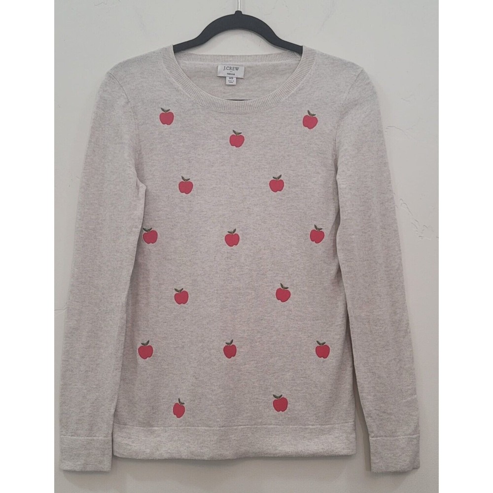 J.Crew Teddie Embroidered Apples Grey Soft Sweater Pullover 100%Cotton NWOT XS - Picture 4 of 8
